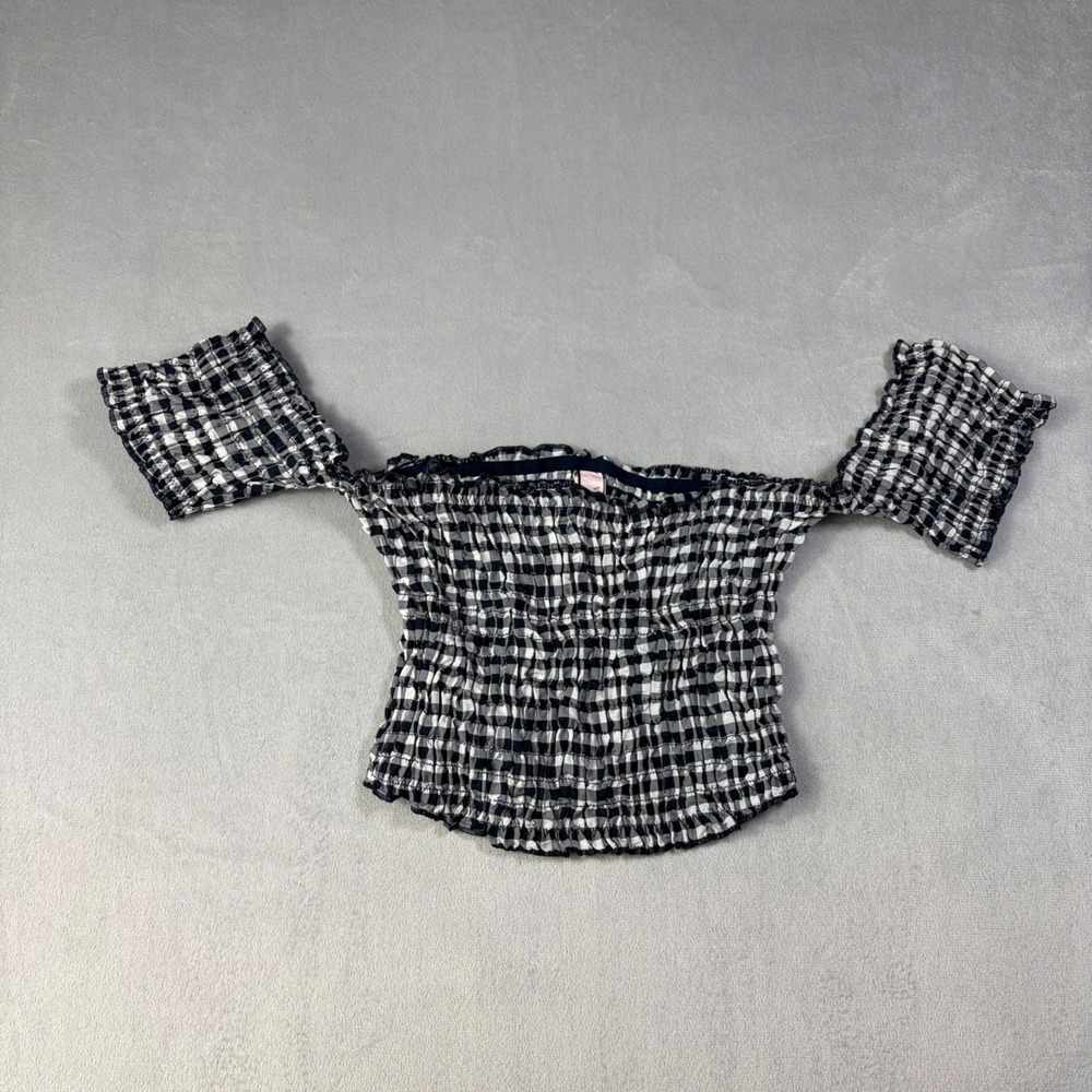 Victoria's Secret Gingham Smocked Off Shoulder Crop Top Navy White S 11188606